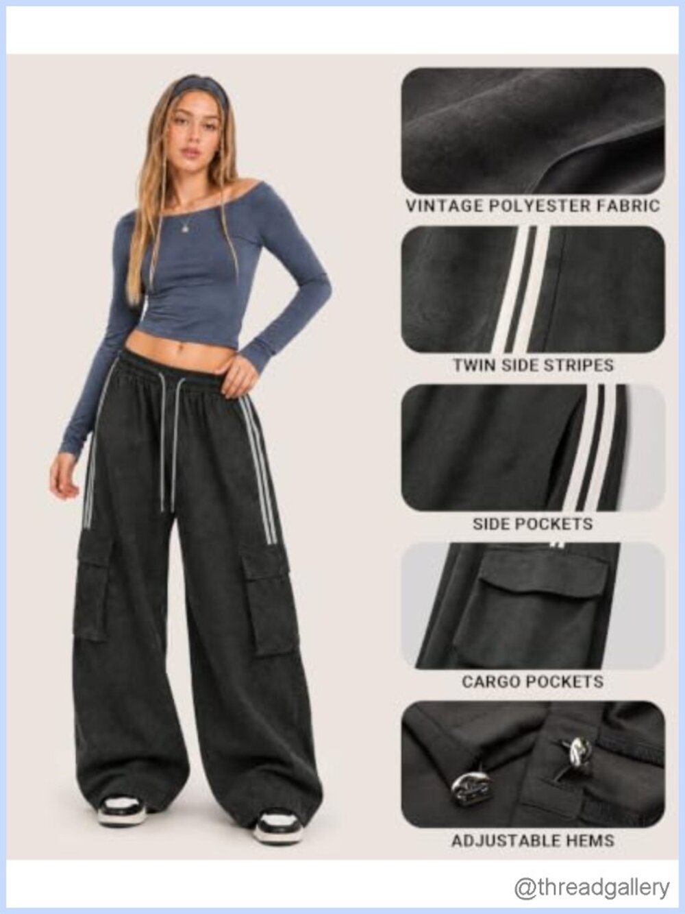 Womens Baggy Cargo Pants Wide Leg Drawstring Y2K Streetwear Trousers - Picture 3 of 6